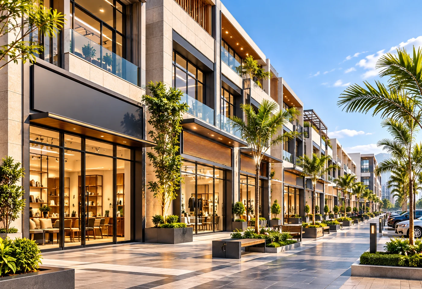 Contemporary retail boulevard with premium glass-fronted commercial units