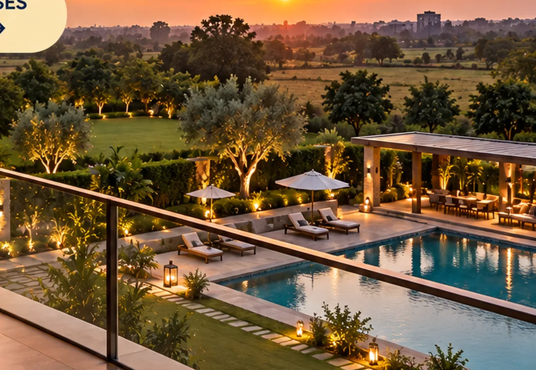 Landscaped farmhouse with pool and green surroundings