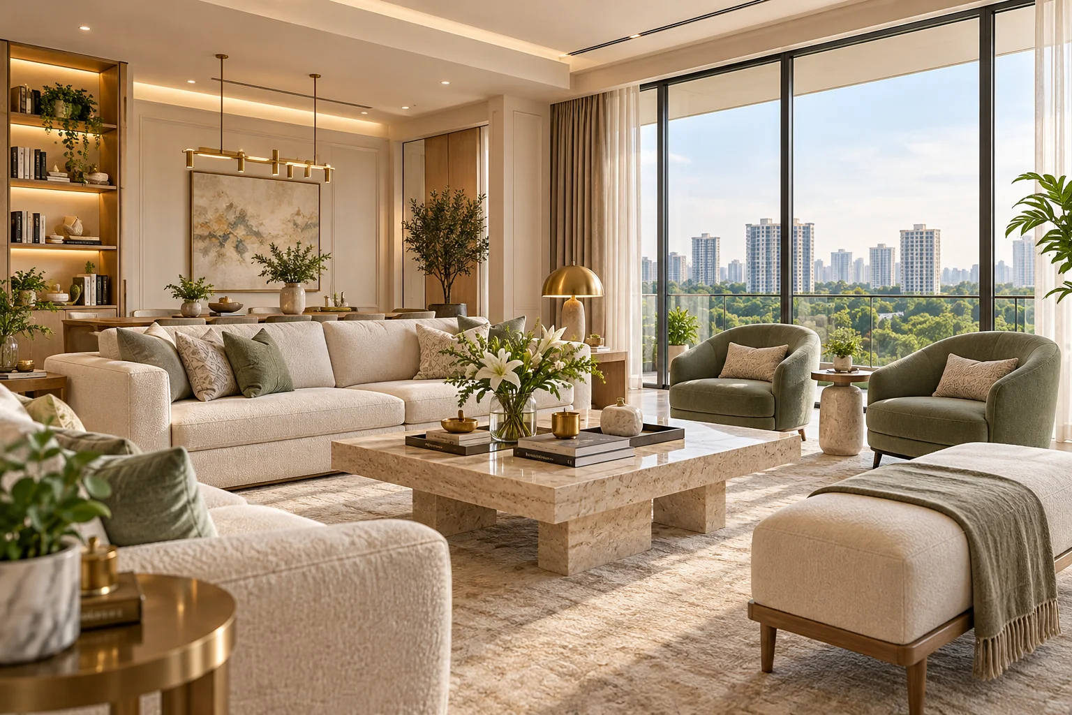 Illustrative serene contemporary living room with sage-green lounge chairs and city views