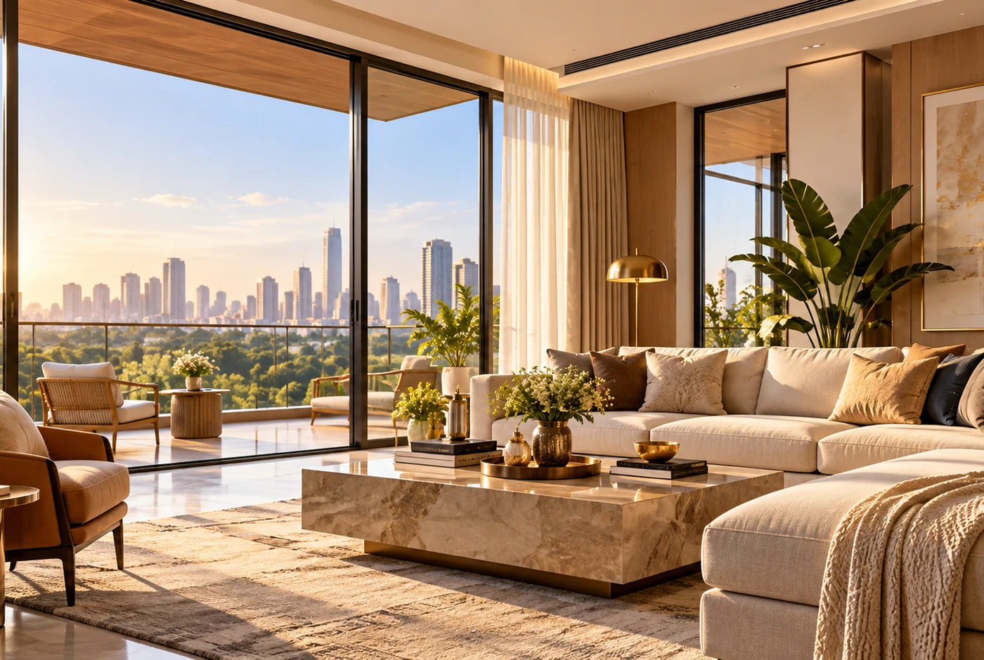 Illustrative warm, light-filled contemporary living room with city views