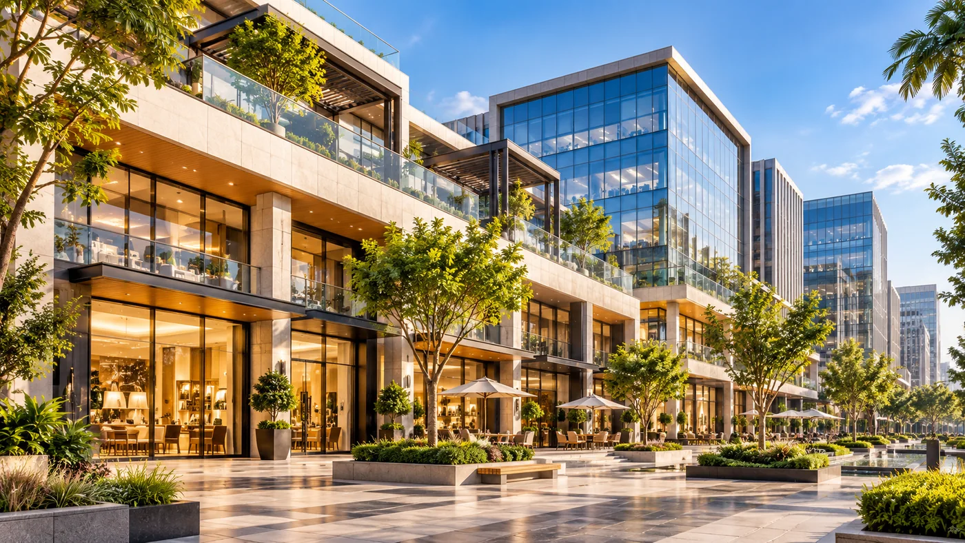Illustrative mixed-use commercial and office development with landscaped plaza