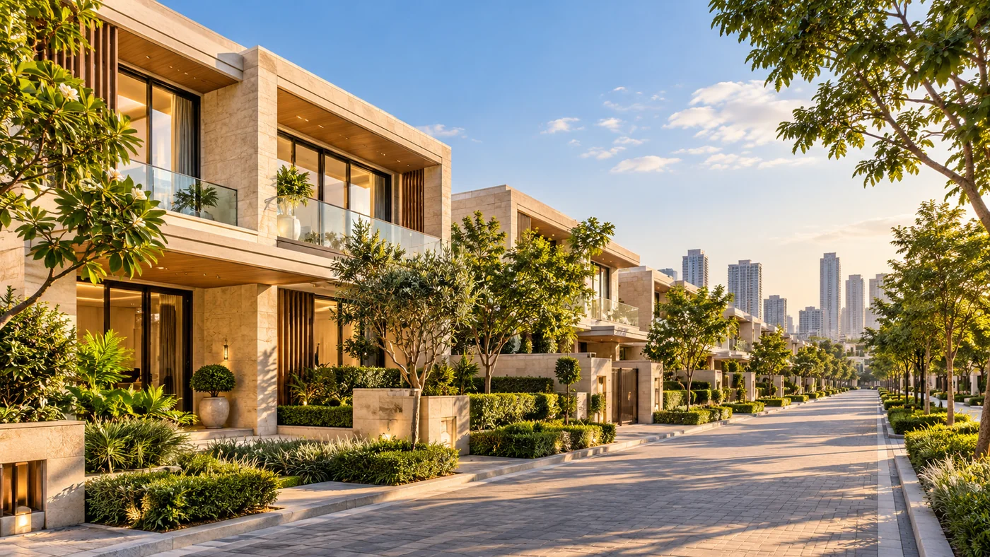 Illustrative contemporary villa community in warm daylight