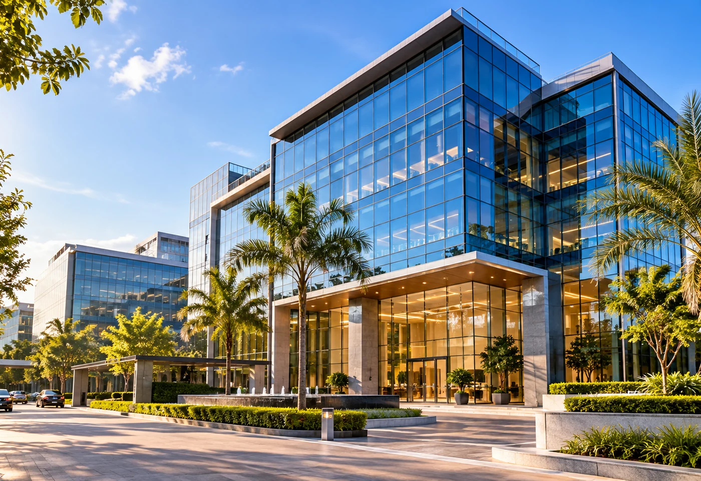Modern glass-fronted corporate office building surrounded by landscaped grounds